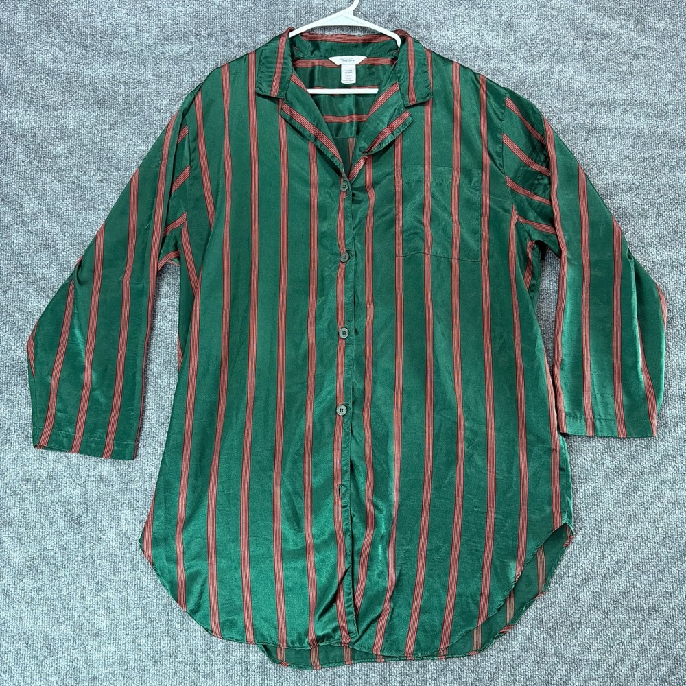 Vanity Fair Womens Green Red Striped Satin Sleep Shirt Button Up Medium Silky
